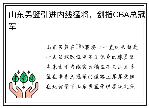 山东男篮引进内线猛将，剑指CBA总冠军