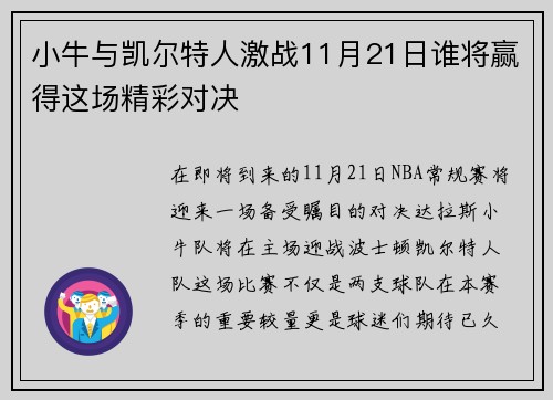 小牛与凯尔特人激战11月21日谁将赢得这场精彩对决