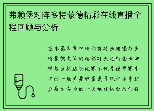 弗赖堡对阵多特蒙德精彩在线直播全程回顾与分析